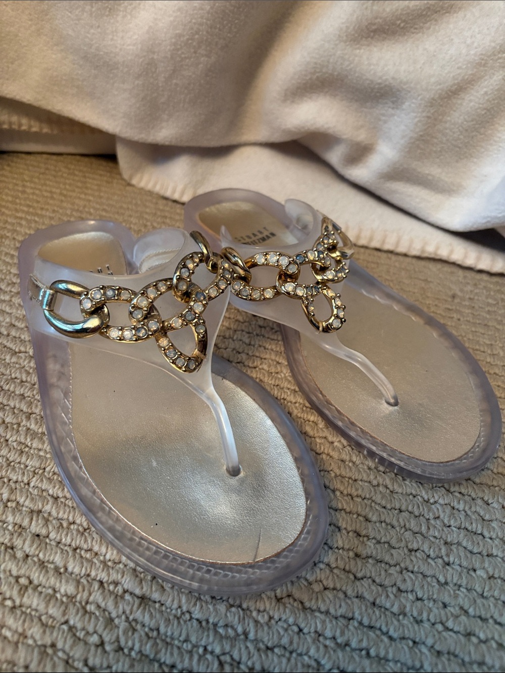 Stuart Weitzman Jelly Sandals with Gold Crystal Chain